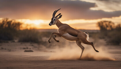 An antelope leaping across a dry riverbed, with a dramatic sunset in the background
