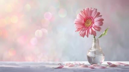 Gerbera flower card in small vase for congratulations against light background