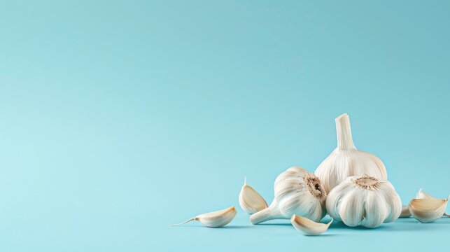 Garlic Bulb and Cloves on Blue Background Vegan Organic Nutritious Natural Health Benefits of Allicin