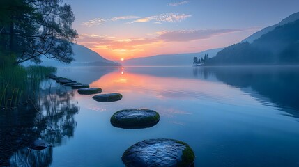 Serene evening lake with still waters reflection