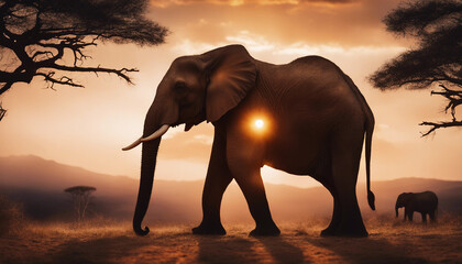 An elephant silhouetted against a breathtaking African sunset, with distant mountains
