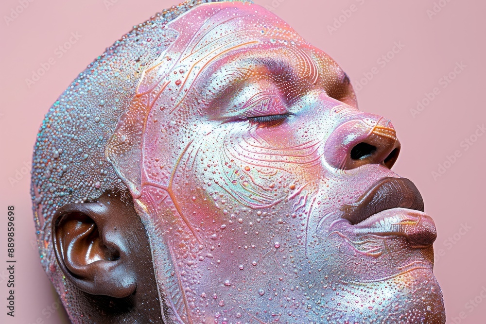 Poster vibrant and colorful portrait of a man with abstract paint on his face highlighting artistic express