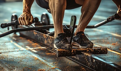 Close-Up of an Athlete's Legs Using a Rowing Machine During a Workout