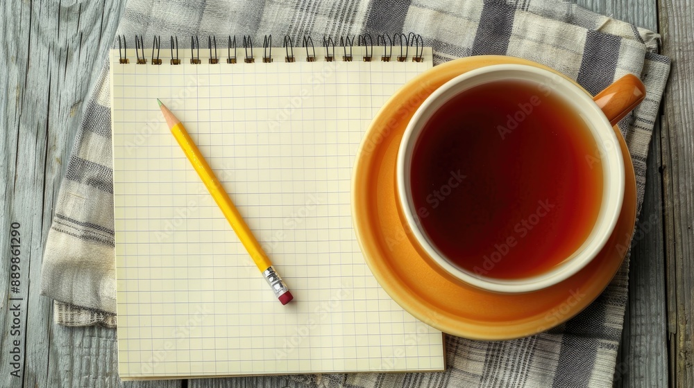 Poster empty notebook with tea and pencil on table