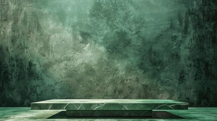 Empty marble table with cement stone background and green lighting for rustic product display on abstract green backdrop