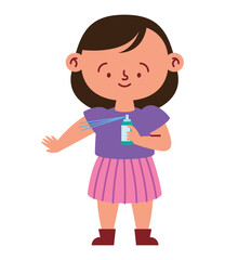 cute girl applying insect repellent spray