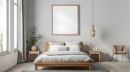  A modern bedroom with white and beige tones, featuring a framed empty canvas above the bed and clean decor.