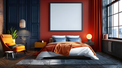 A modern bedroom with vibrant orange walls and a blue bed, featuring a framed empty canvas and contemporary decor