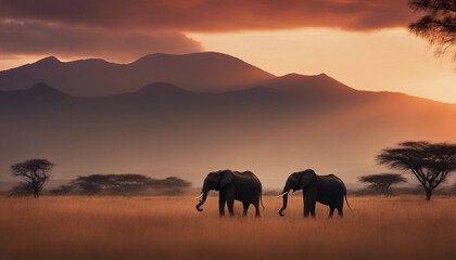 Fototapeta premium An elephant silhouetted against a breathtaking African sunset, with distant mountains 