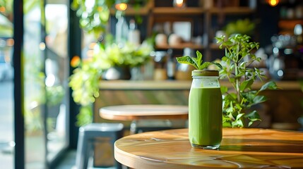 A bottle of green juice sits on a counter in a modern café, surrounded by plants and natural light, creating a fresh and vibrant atmosphere