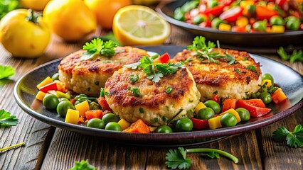 Delicious crab cakes surrounded by colorful mixed vegetables , seafood, appetizer, gourmet, food photography, fresh, delicious