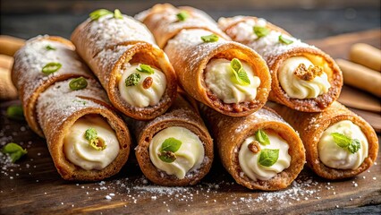 Delicious cannoli tubes filled with creamy mascarpone cheese, traditional Italian dessert, cannoli, tubes, mascarpone, cheese
