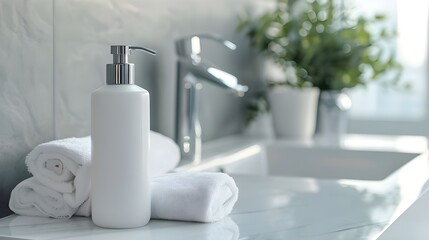 A sleek bathroom setup featuring white bottles and a plant in a clean, minimalistic design