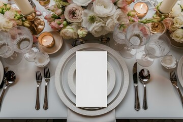 Table place setting blank white empty menu card mockup or reserve in wedding invite and special event romantic dinner eatery plate with flower decor of elegance dish meal in restaurant dining table