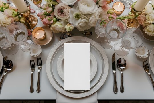 Table place setting blank white empty menu card mockup or reserve in wedding invite and special event romantic dinner eatery plate with flower decor of elegance dish meal in restaurant dining table