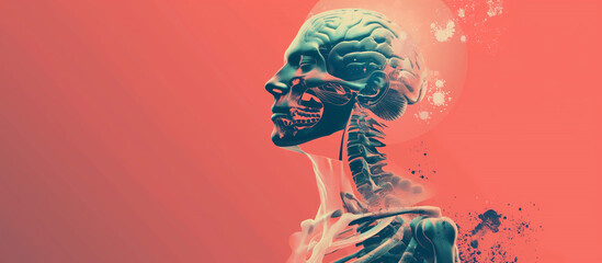 Abstract anatomical artwork of a human figure with brain and skeletal visuals, symbolizing science and creativity.