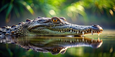 Fototapeta premium Dangerous crocodile lurking in water, wildlife, predator, reptile, swamp, teeth, carnivore, scales, ambush, predator