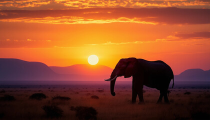 Fototapeta premium An elephant silhouetted against a breathtaking African sunset, with distant mountains 