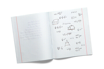Copybook with handwritten maths formulas isolated on white background