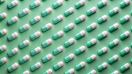 Obraz premium Drug pills arranged in a precise geometric pattern on a pastel green background, medicine, pills, pharmacy