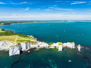 White Cliffs of Old Harry Rocks Jurassic Coast from a drone, Dorset Coast, Poole, England	