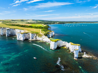 White Cliffs of Old Harry Rocks Jurassic Coast from a drone, Dorset Coast, Poole, England	