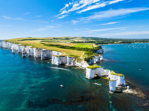 White Cliffs of Old Harry Rocks Jurassic Coast from a drone, Dorset Coast, Poole, England	