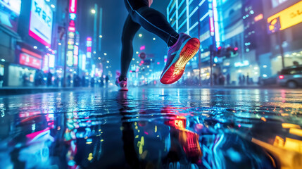 a runner's feet are running in the middle of the futuristic modern urban city at night