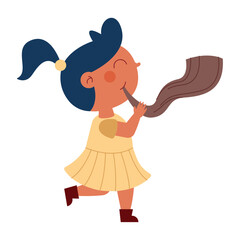 girl blowing shofar horn on rosh hashanah