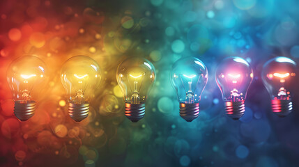 Banner with colorful glowing light bulbs It represents a brainstorming process that is full of energy and creativity.
