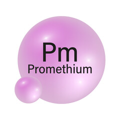 Promethium element symbol. Purple spherical representation. Chemical Pm icon. Scientific vector illustration.
