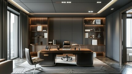 Gray and White CEO Office Interior with Bookcase
