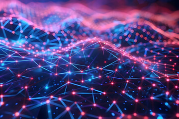 Abstract 3D Background with Blue and Red Lines and Glowing Dots