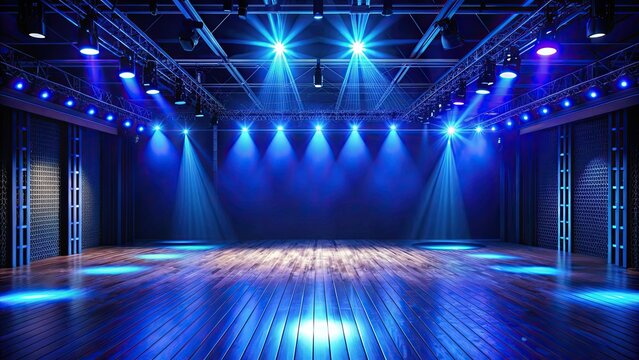 Dark blue dancefloor with neon lights and a spotlight on an empty stage , dancefloor, stage, show, dark, blue, background, close up