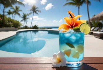 A blue lagoon cocktail on a poolside table, with tropical flowers around and the midday sun reflecting off the water.