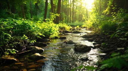 Fototapeta premium A serene forest stream flowing gently over rocks, surrounded by lush greenery and dappled sunlight