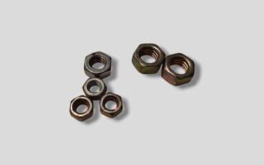 Macro image of metal nut isolated on white background. Steel nut isolated. Tools for work.