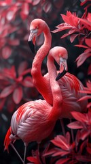 Fototapeta premium Elegant Flamingos Among Vibrant Red Foliage A pair of elegant flamingos standing gracefully amidst vibrant red foliage, creating a striking and vivid tropical scene.