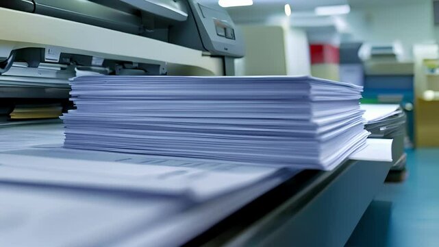A stack of printing paper next to a printer ready for use.