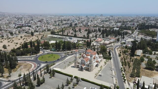 Aerial video over Saint George Kontos in the city of Larnaca, Cyprus