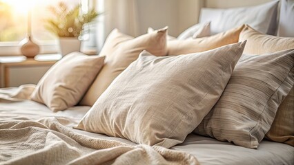 Close-up of linen pillow on unmade bed in soft morning light, showcasing texture and beige tones, linen