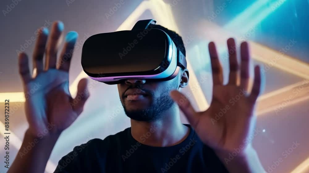 Aufkleber a man wearing a vr headset interacts with a virtual environment, illuminated by a neon light display