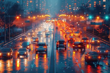 Fototapeta premium City Street Traffic At Night During a Rainstorm