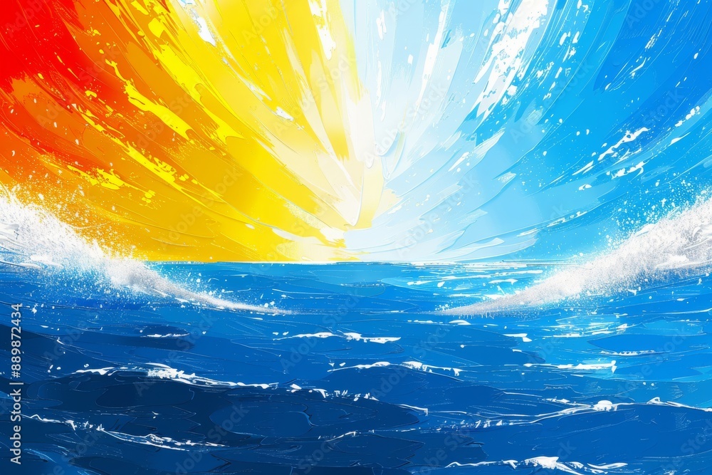 Poster vibrant abstract painting of a sunrise over the ocean capturing dynamic motion and energy in a color
