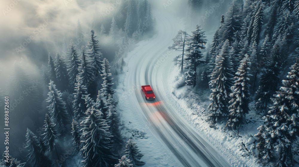 Poster Red Car Driving Through Snowy Forest Road at Sunset