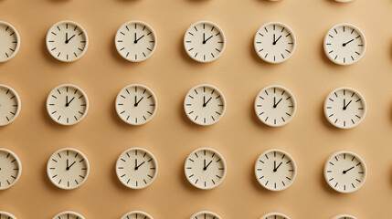 multiple white round wall clocks showing different times on beige background