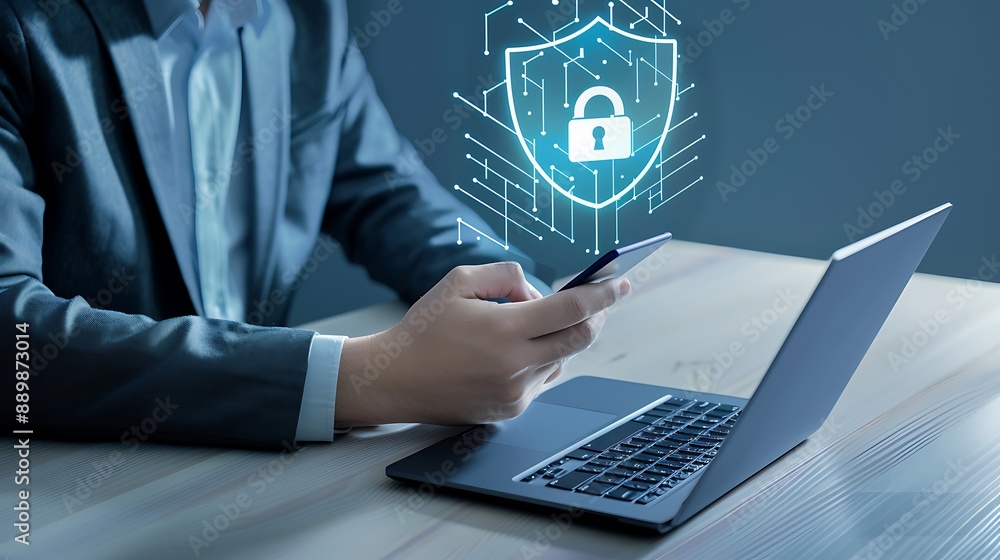 Poster businessman using a smartphone with a security shield and laptop on a table, all about networked tec