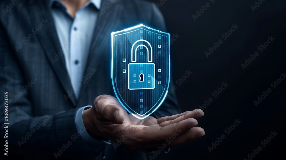 Aufkleber businessman holding a virtual shield with a digital padlock and binary code on a dark background, sy