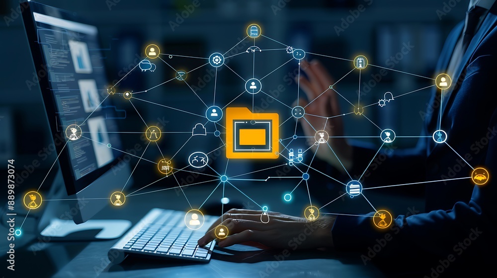 Aufkleber a man holding up his hand with a yellow icon of a file document and connection lines in front of him