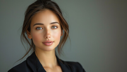 Obraz premium A portrait of a young professional businesswoman with elegant style, posing confidently with a neutral background